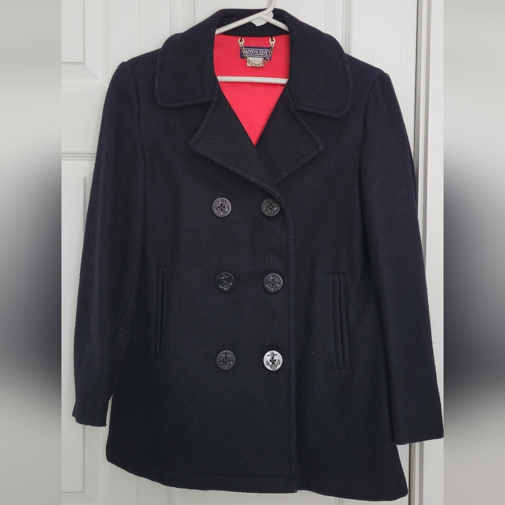 Vintage Lands End Wool Blend Pea Coat size 8 black
